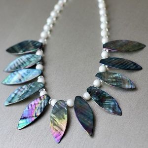 Iridescent Blue Shell Leaf Necklace w/ Iridescent White Beads
